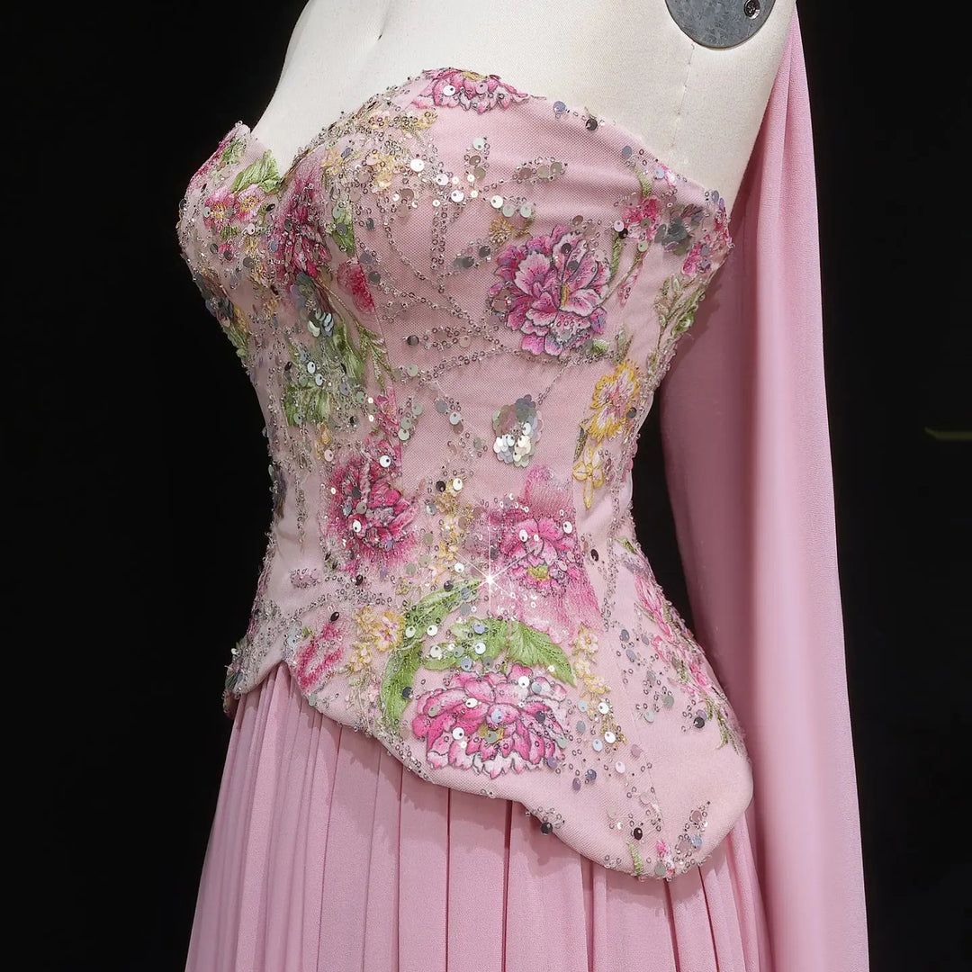 Elegant Strapless Floral Embroidered Chiffon Evening Dress with Pleated Skirt SS480