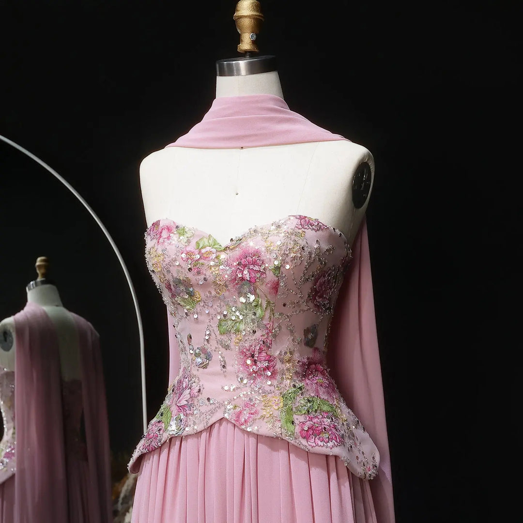 Elegant Strapless Floral Embroidered Chiffon Evening Dress with Pleated Skirt SS480