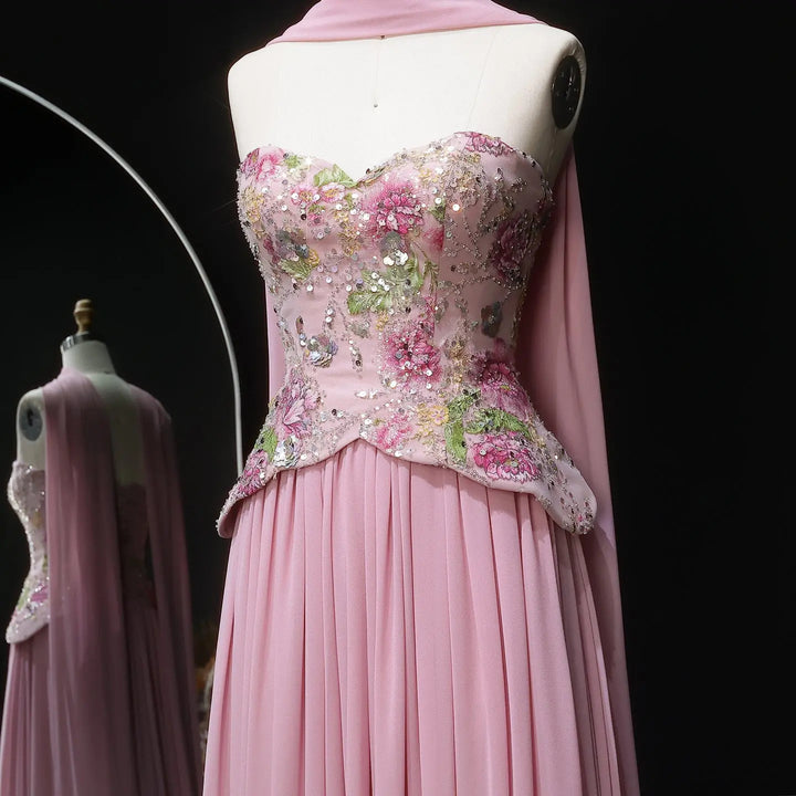 Elegant Strapless Floral Embroidered Chiffon Evening Dress with Pleated Skirt SS480