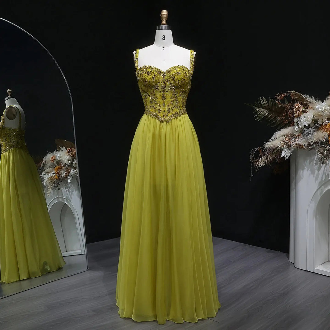 Elegant Yellow with Crystal Beaded Top Flowing A-line Evening Gown SS387