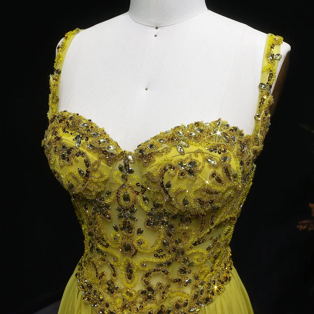 Elegant Yellow with Crystal Beaded Top Flowing A-line Evening Gown SS387