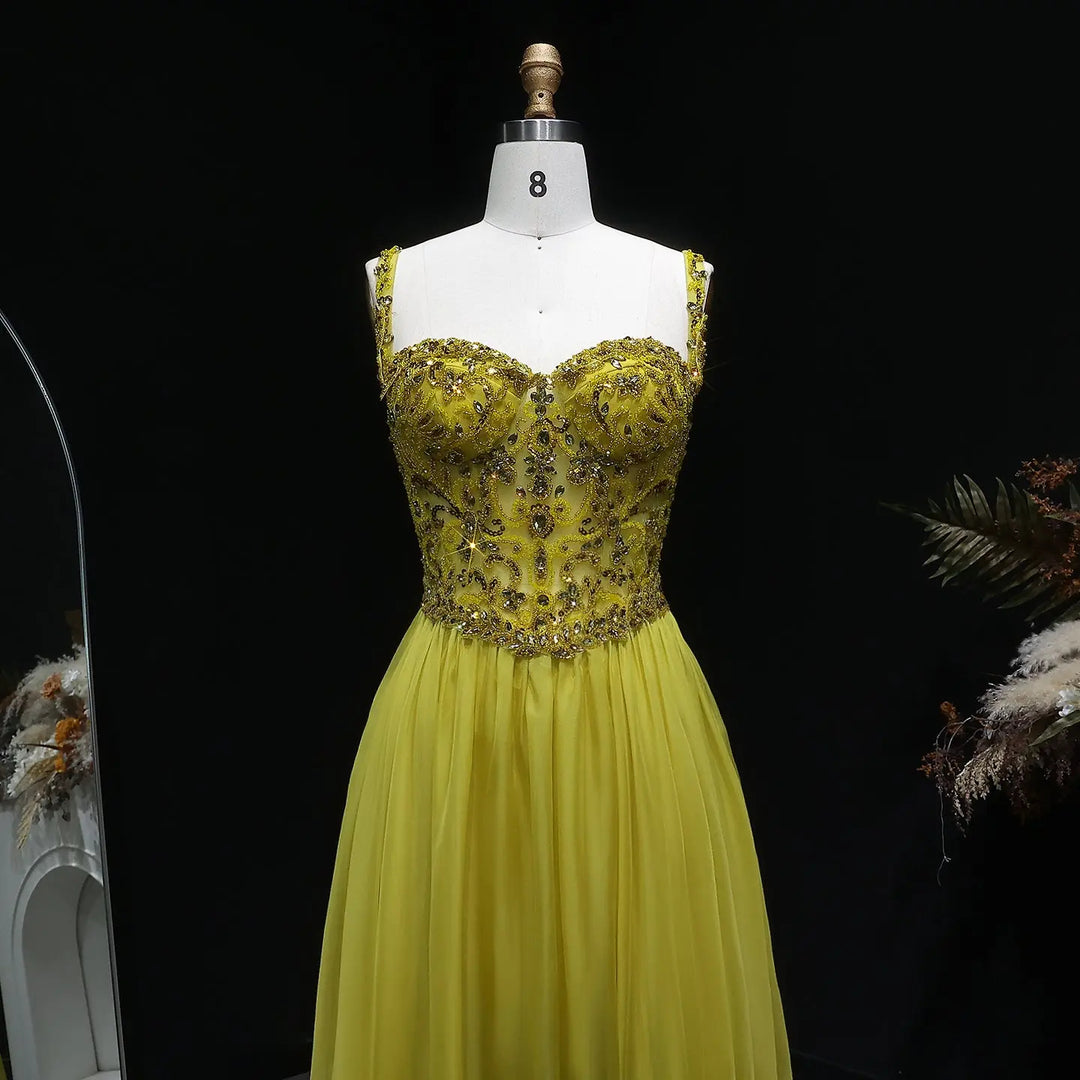 Elegant Yellow with Crystal Beaded Top Flowing A-line Evening Gown SS387