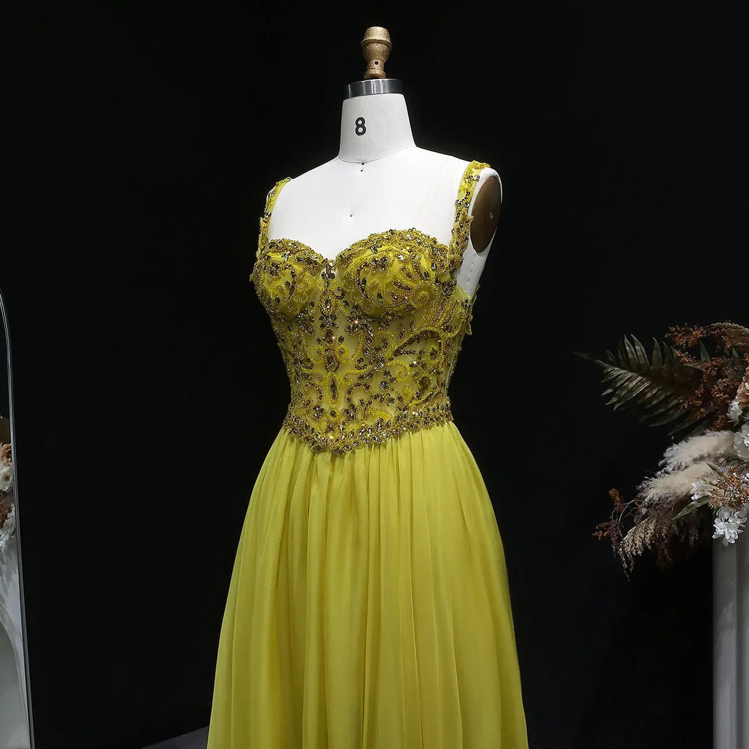 Elegant Yellow with Crystal Beaded Top Flowing A-line Evening Gown SS387
