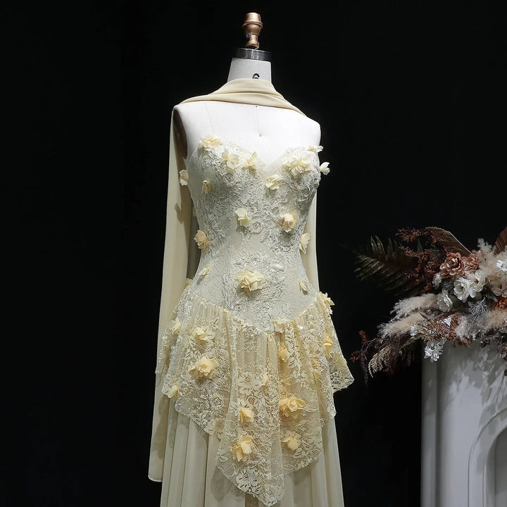 Elegant Yellow Floral Strapless with Train Evening Dress SS654