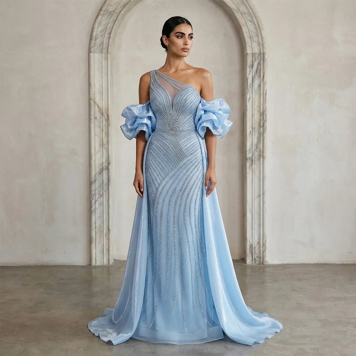 Elegent Blue Beaded One-Shoulder Evening Dress with Flowing Cape SS016