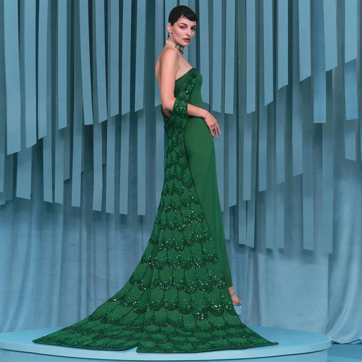 Glamorous Emerald Beaded Prom Dress with Detachable Overskirt SS645