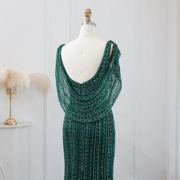 Luxury Beaded Silver Long Sleeves Evening Dress with Cape SS035