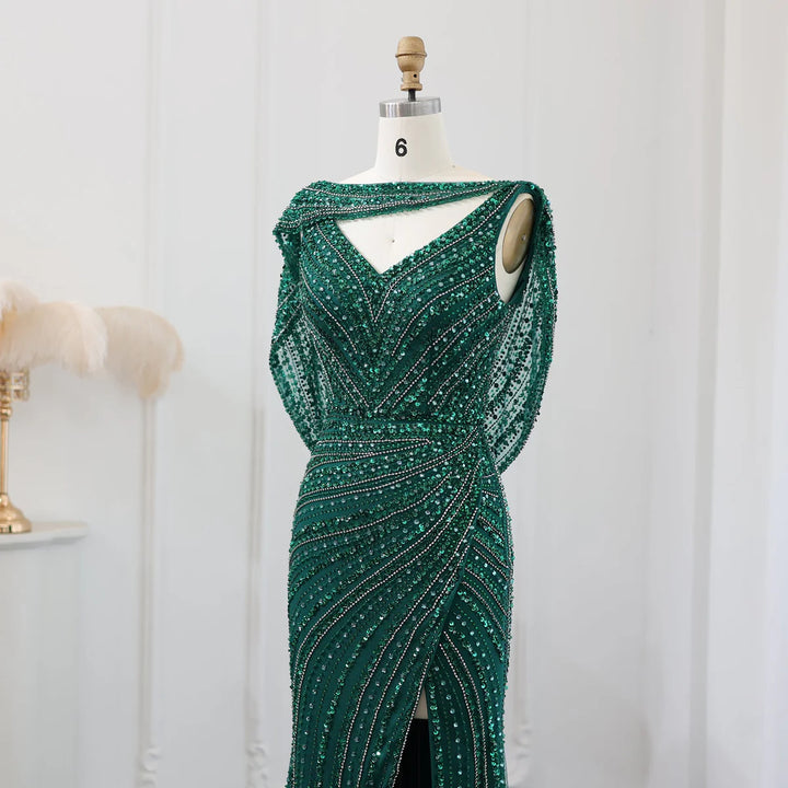 Luxury Beaded Silver Long Sleeves Evening Dress with Cape SS035