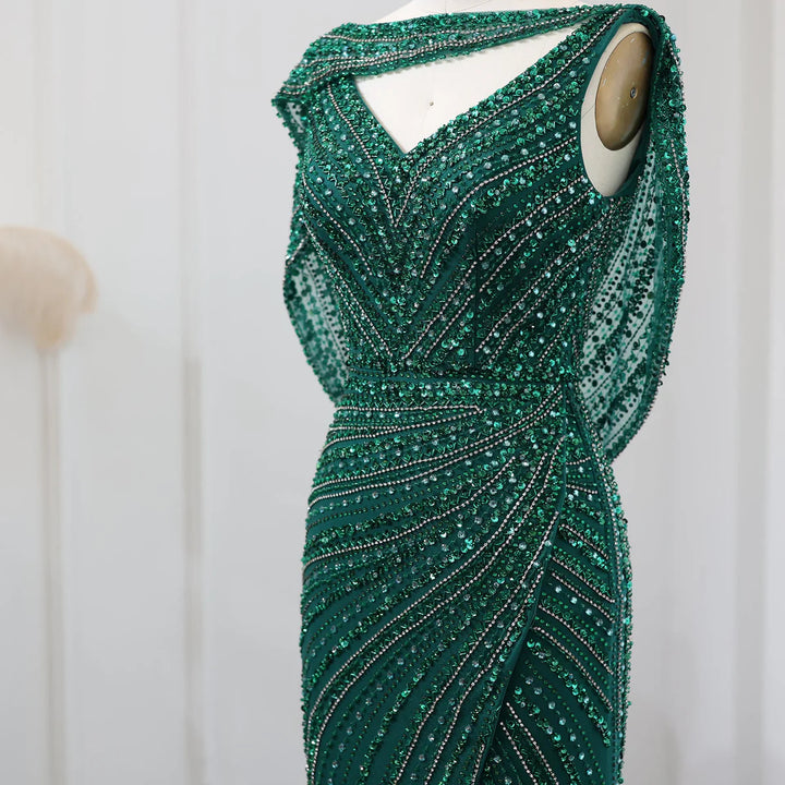 Luxury Beaded Silver Long Sleeves Evening Dress with Cape SS035