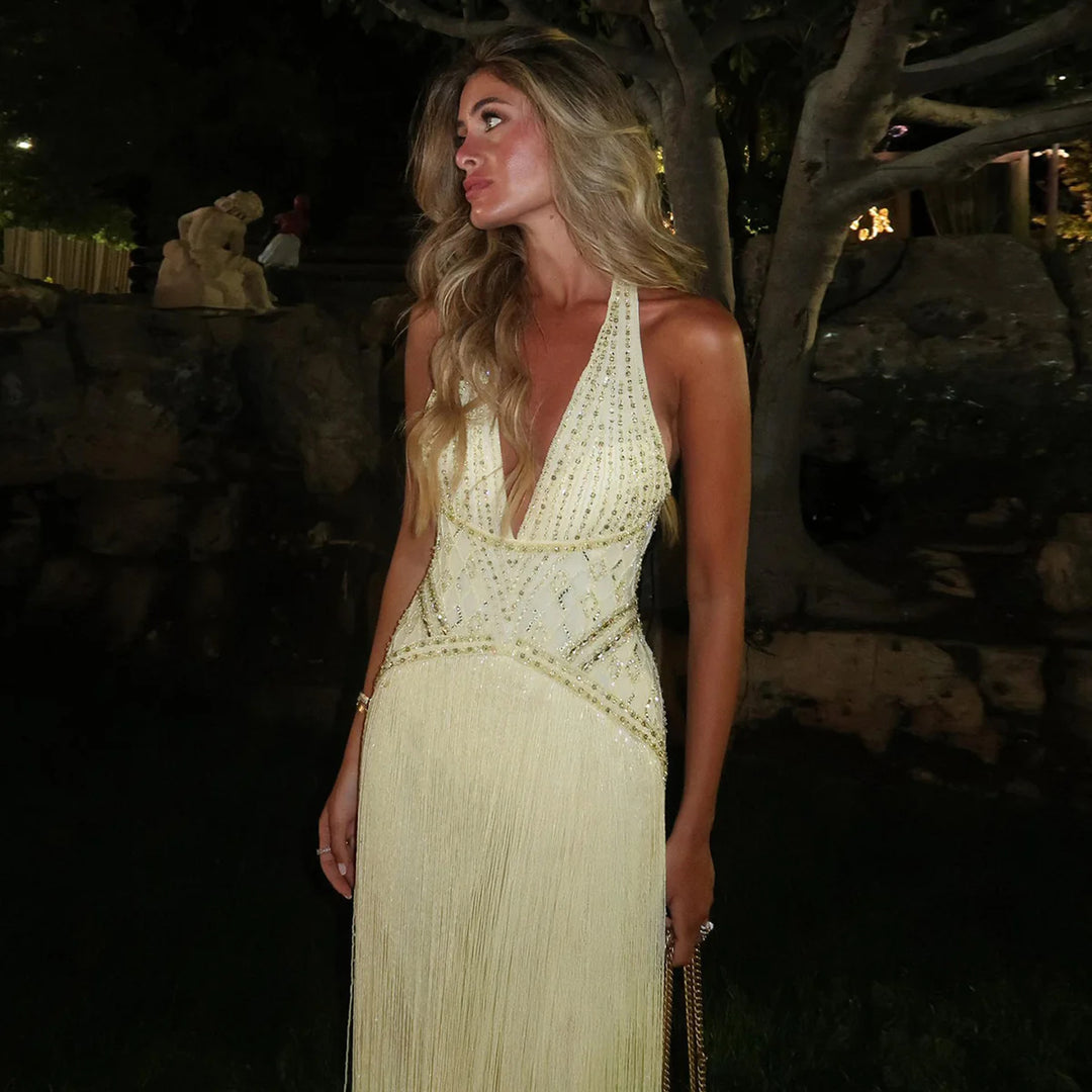 Luxury Yellow Halter Neck Beaded Gala Prom Dress SS554