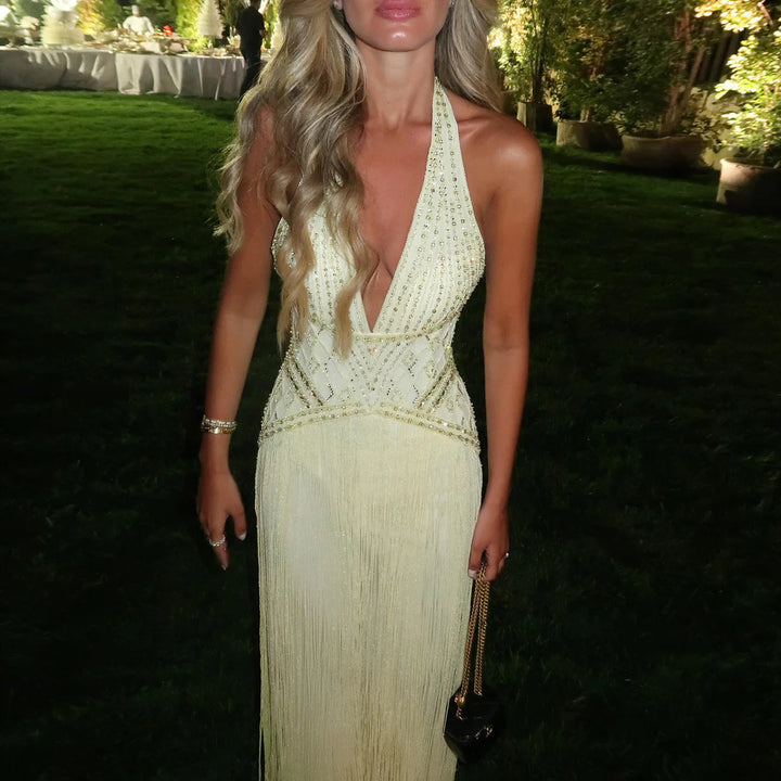 Luxury Yellow Halter Neck Beaded Gala Prom Dress SS554