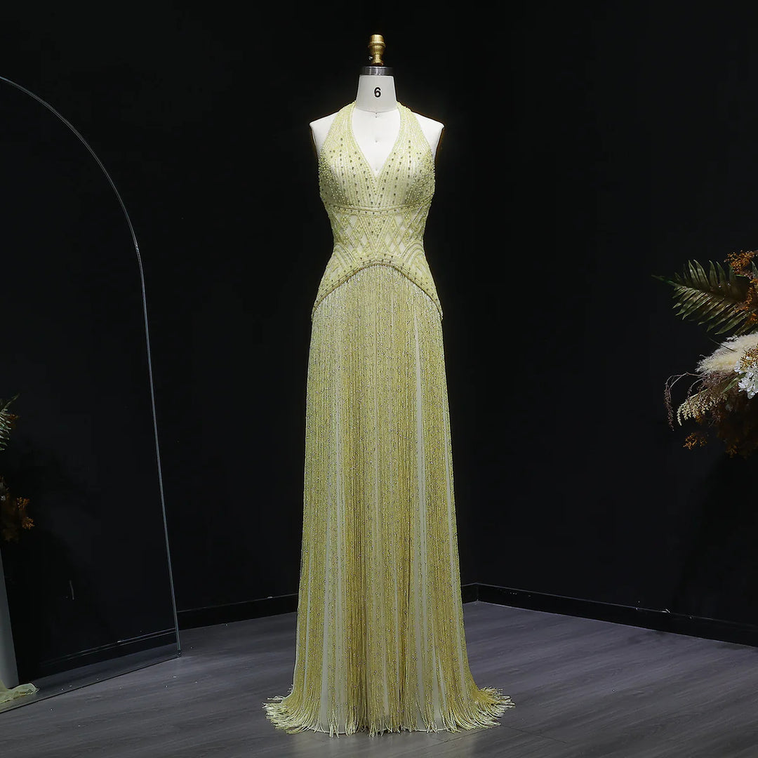 Luxury Yellow Halter Neck Beaded Gala Prom Dress SS554