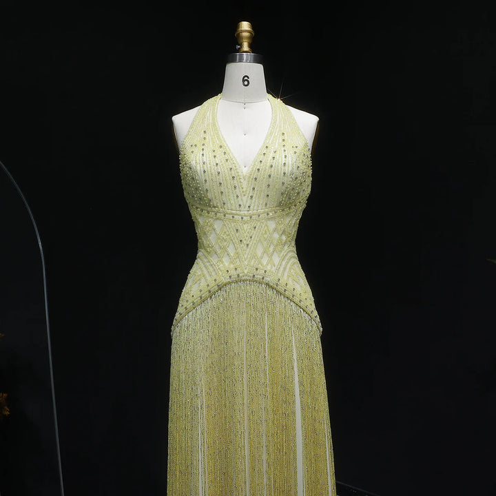 Luxury Yellow Halter Neck Beaded Gala Prom Dress SS554