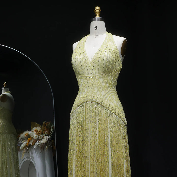 Luxury Yellow Halter Neck Beaded Gala Prom Dress SS554