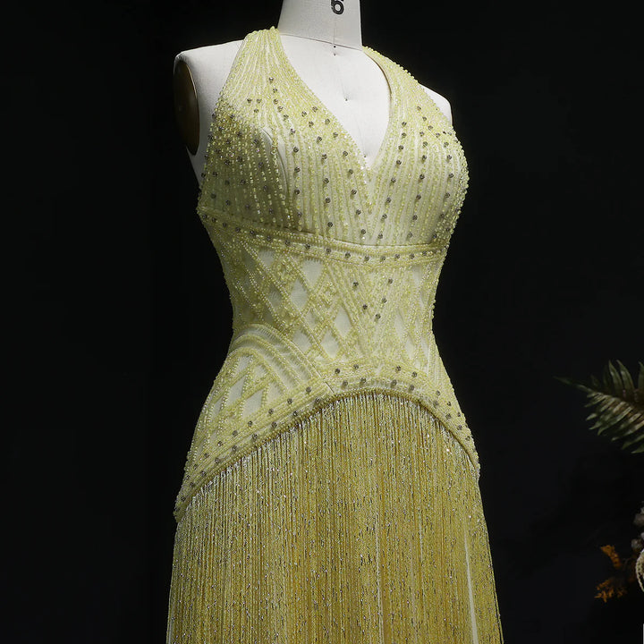Luxury Yellow Halter Neck Beaded Gala Prom Dress SS554