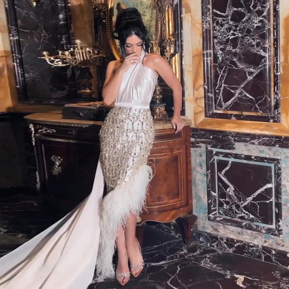 Feather White Mermaid Evening Dress with Cape Halter SS350, White / 8 Feather White Mermaid Evening Dress with Cape Halter SS350, White / 8