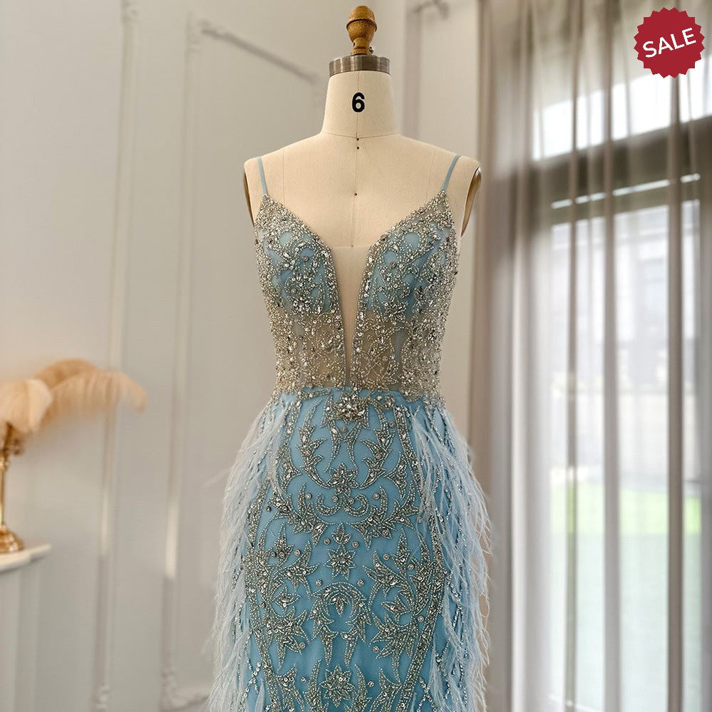 Feathers Mermaid Champagne Evening Dresses for Women Wedding SS374, Blue / 2
