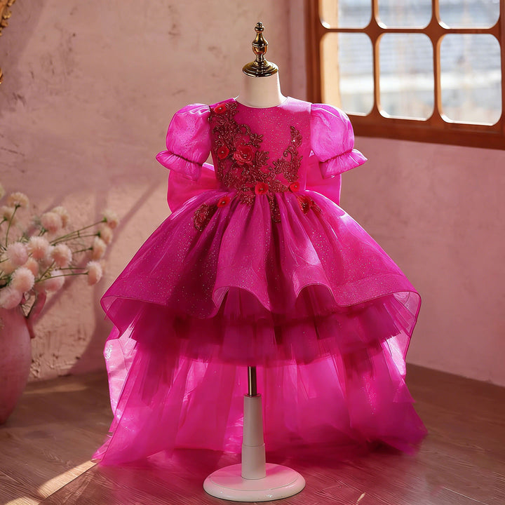 Luxury Fuchsia Flower Girl Dress with Puffy Birthday Party Gown with Train J889