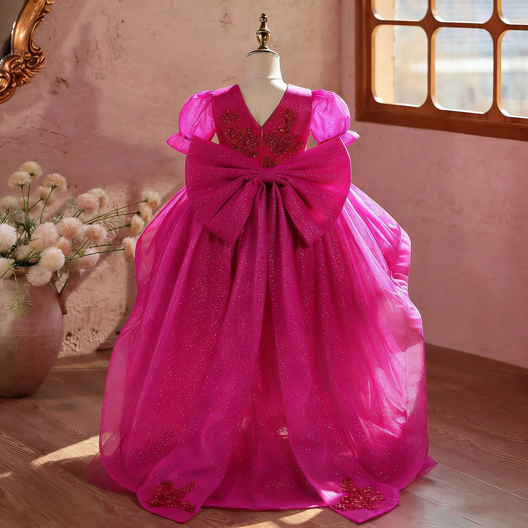 Luxury Fuchsia Flower Girl Dress with Puffy Birthday Party Gown with Train J889