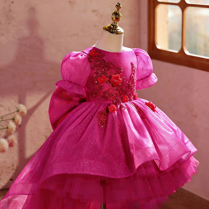 Luxury Fuchsia Flower Girl Dress with Puffy Birthday Party Gown with Train J889