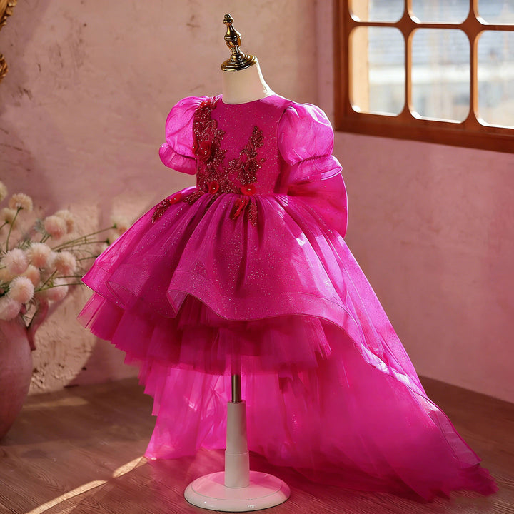 Luxury Fuchsia Flower Girl Dress with Puffy Birthday Party Gown with Train J889