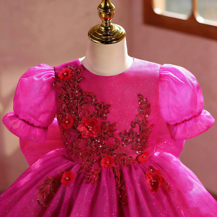 Luxury Fuchsia Flower Girl Dress with Puffy Birthday Party Gown with Train J889