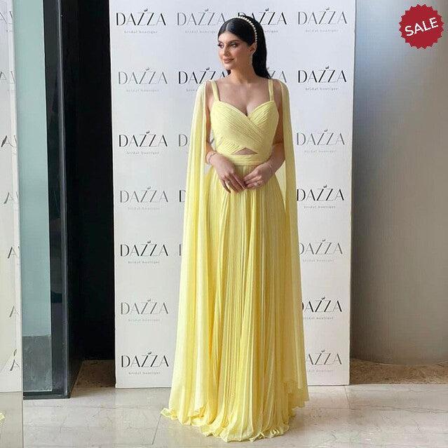 Fuchsia Evening Dresses with Cape Sleeves Yellow Wedding Party Gowns SF090, Yellow / 10 Fuchsia Evening Dresses with Cape Sleeves Yellow Wedding Party Gowns SF090, Yellow / 10