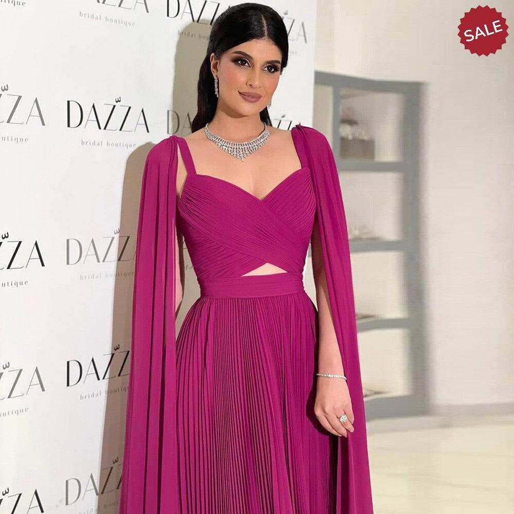 Fuchsia Chiffon Evening Dresses with Cape Sleeves Elegant Yellow Women Wedding Party Formal Gowns 090 DreamyVow Fuchsia Chiffon Evening Dresses with Cape Sleeves Elegant Yellow Women Wedding Party Formal Gowns 090 DreamyVow