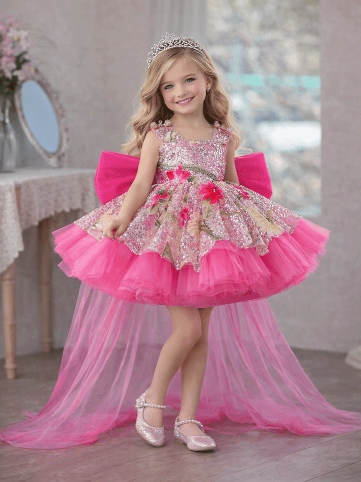 Luxury Baby Pink Floral Sequin Party Flower Girl Princess Dress J886
