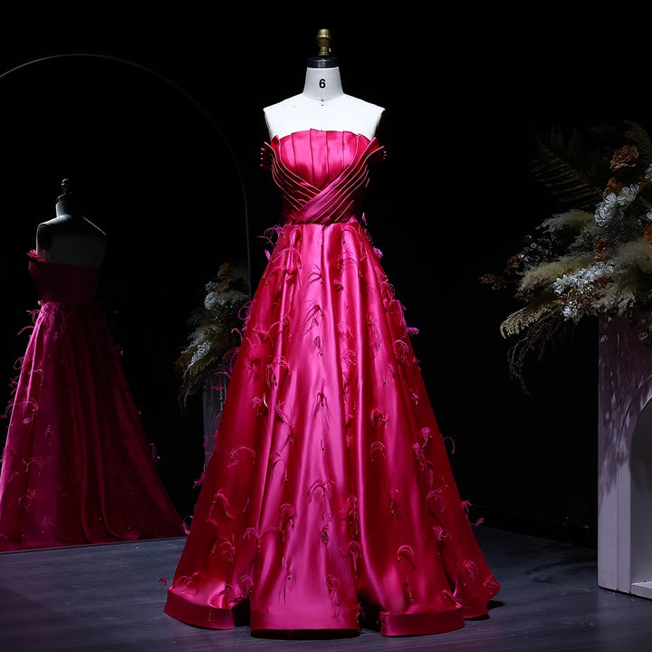 Glamorous Fuchsia Satin Strapless Evening Gown with Feather Details SS569