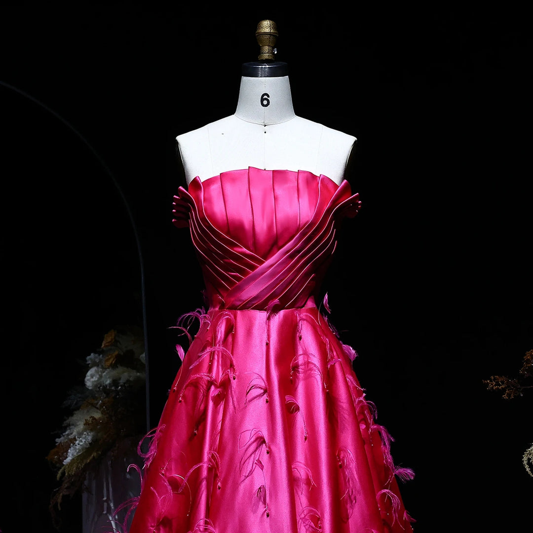 Glamorous Fuchsia Satin Strapless Evening Gown with Feather Details SS569
