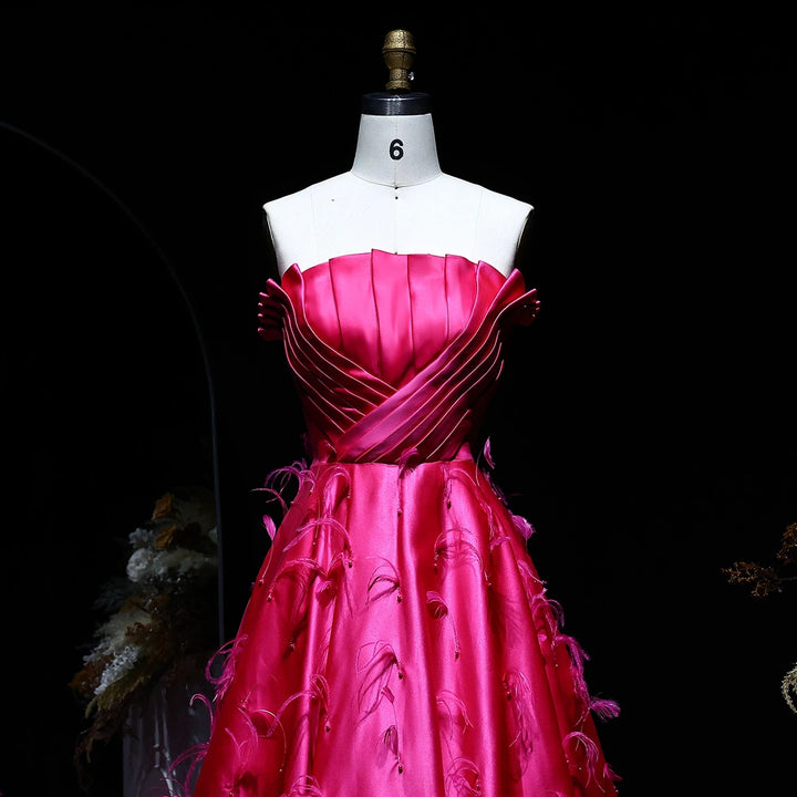 Glamorous Fuchsia Satin Strapless Evening Gown with Feather Details SS569