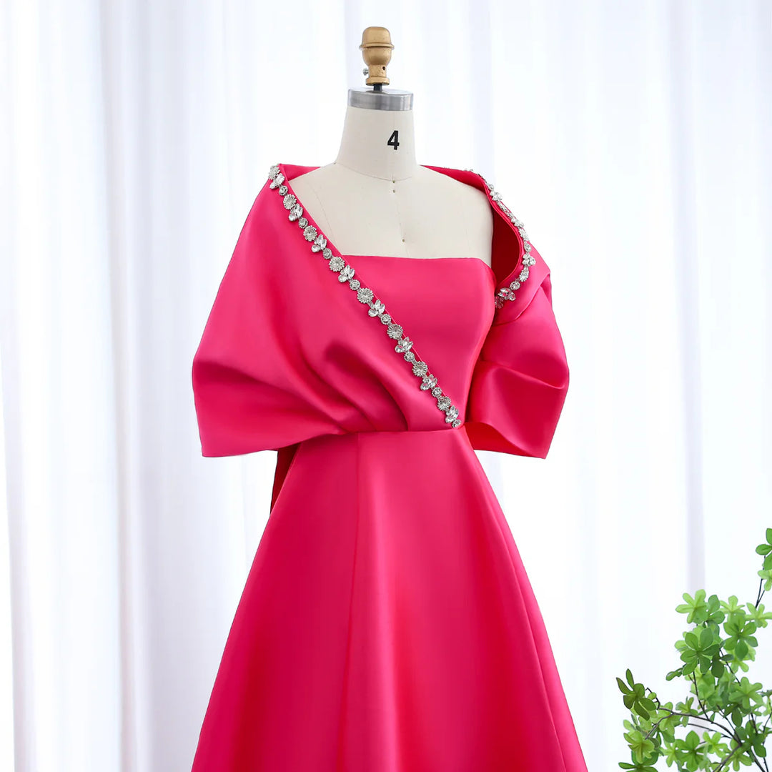 Elegant Crystal Beaded Evening Dress with Cape and Overskirt SS577