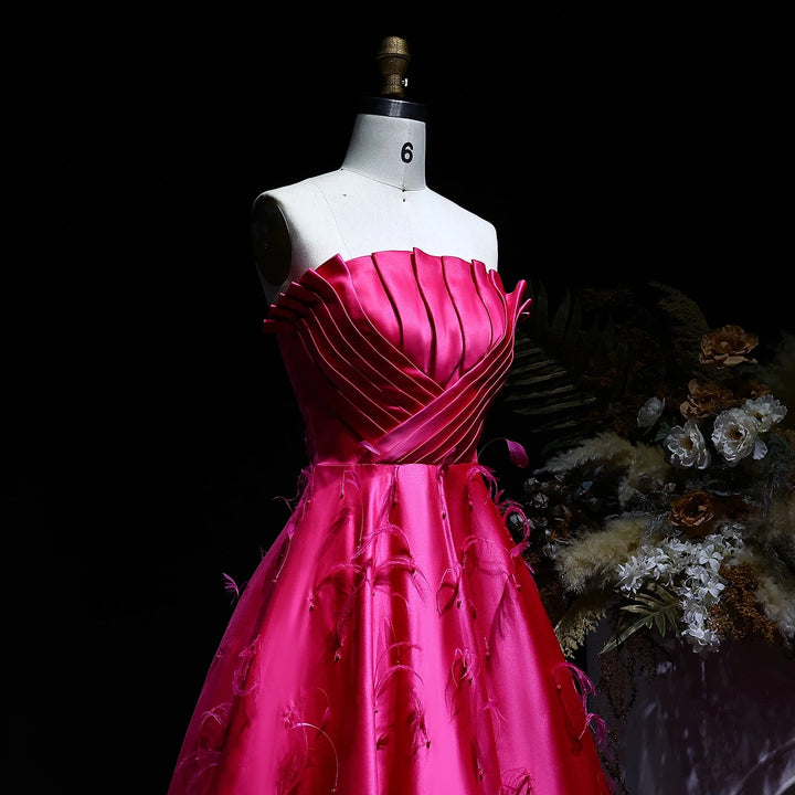Glamorous Fuchsia Satin Strapless Evening Gown with Feather Details SS569
