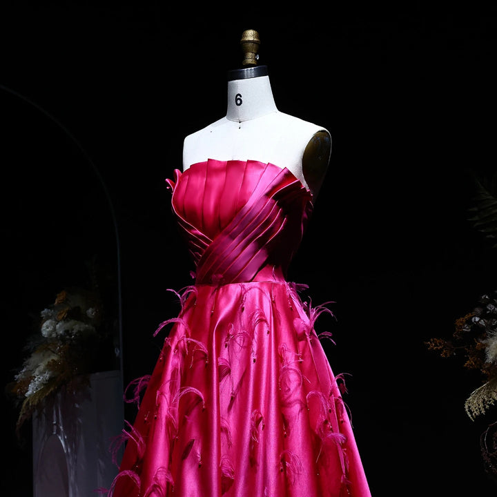 Glamorous Fuchsia Satin Strapless Evening Gown with Feather Details SS569