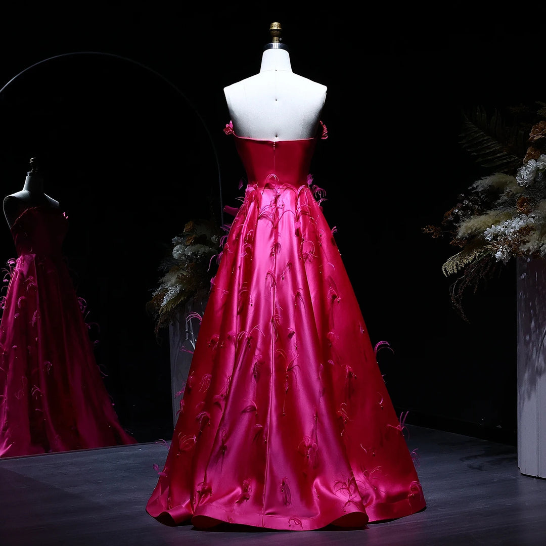 Glamorous Fuchsia Satin Strapless Evening Gown with Feather Details SS569