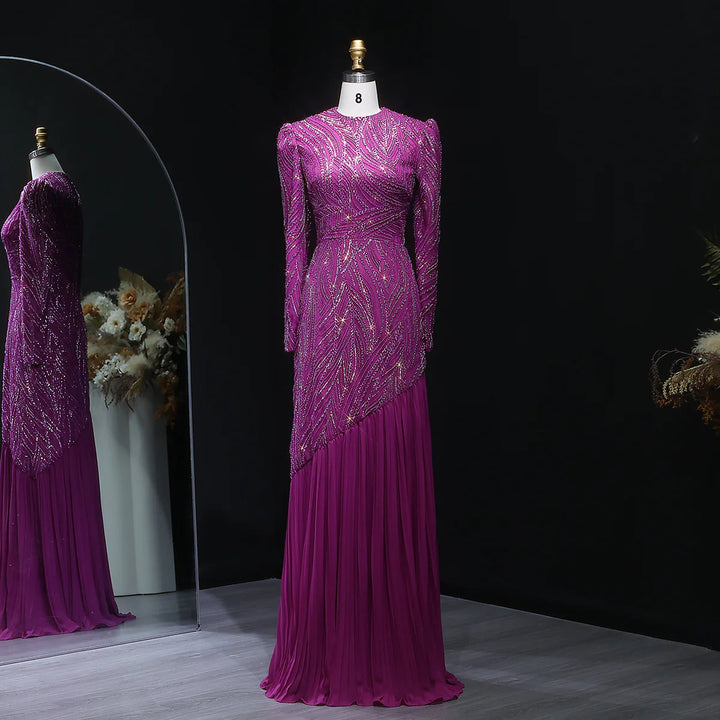 Elegant Beaded High Neck Hijab Arabic Evening Dress SS605