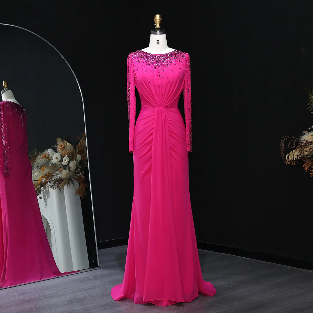 Glamorous Draped Evening Dress with Long Sleeves SS565