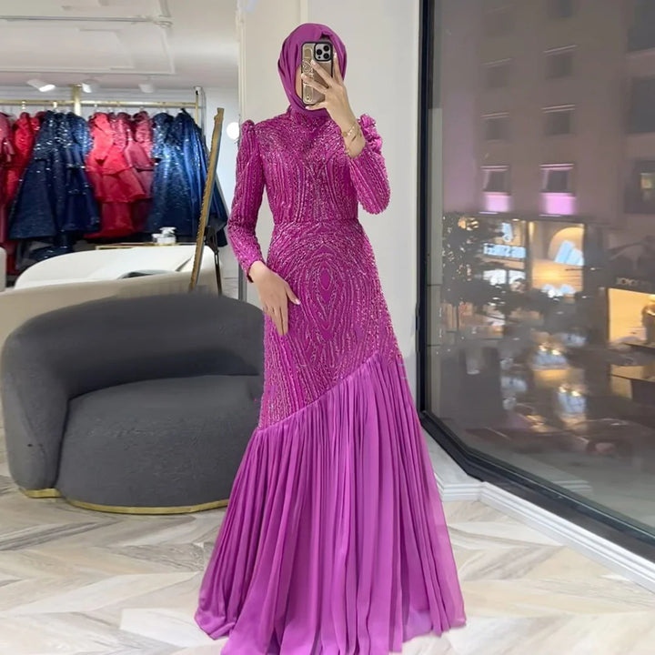 Elegant Beaded High Neck Hijab Arabic Evening Dress SS605