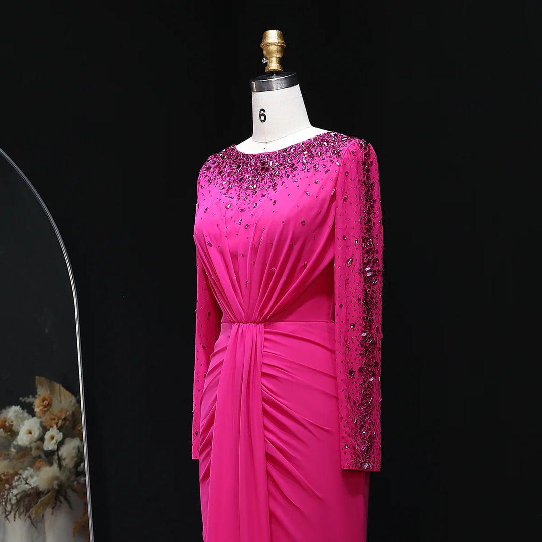 Glamorous Draped Evening Dress with Long Sleeves SS565