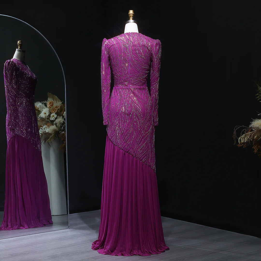 Elegant Beaded High Neck Hijab Arabic Evening Dress SS605