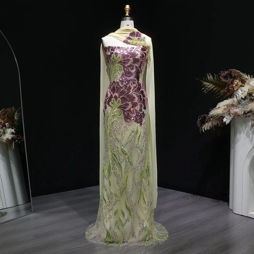 Elegant Purple Green Beaded Sequin Evening Dress with Cape SS511