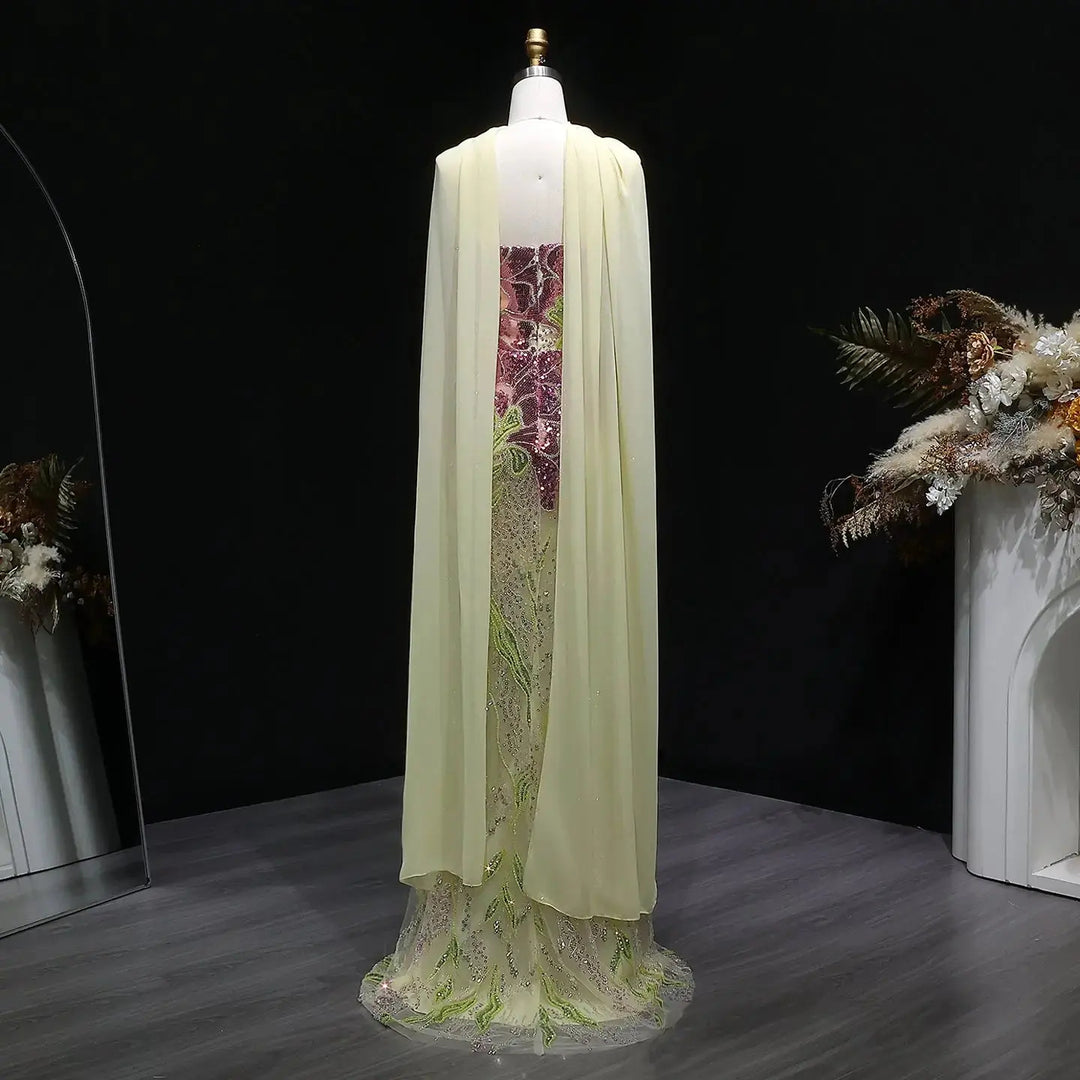 Elegant Purple Green Beaded Sequin Evening Dress with Cape SS511