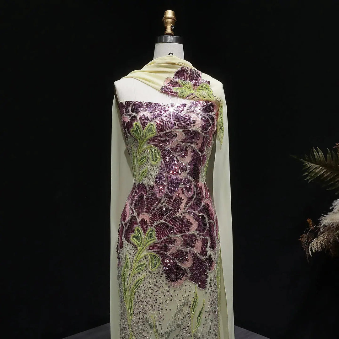 Elegant Purple Green Beaded Sequin Evening Dress with Cape SS511