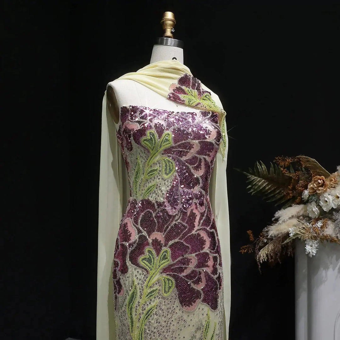 Elegant Purple Green Beaded Sequin Evening Dress with Cape SS511