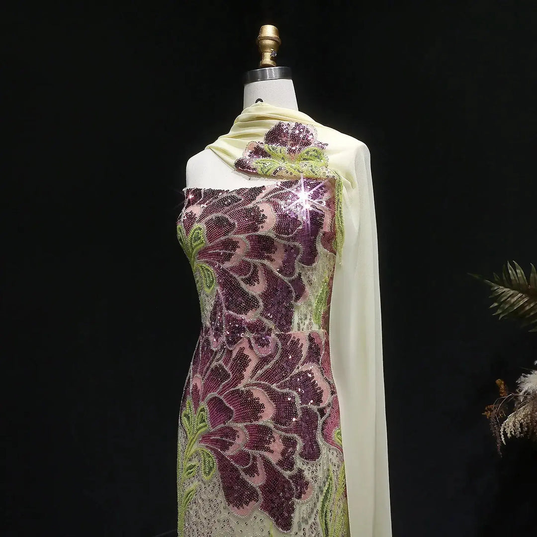 Elegant Purple Green Beaded Sequin Evening Dress with Cape SS511