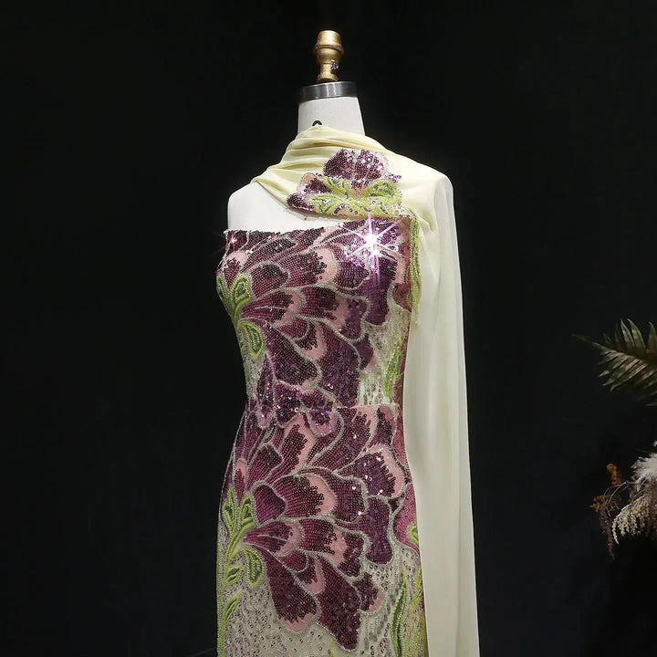 Elegant Purple Green Beaded Sequin Evening Dress with Cape SS511