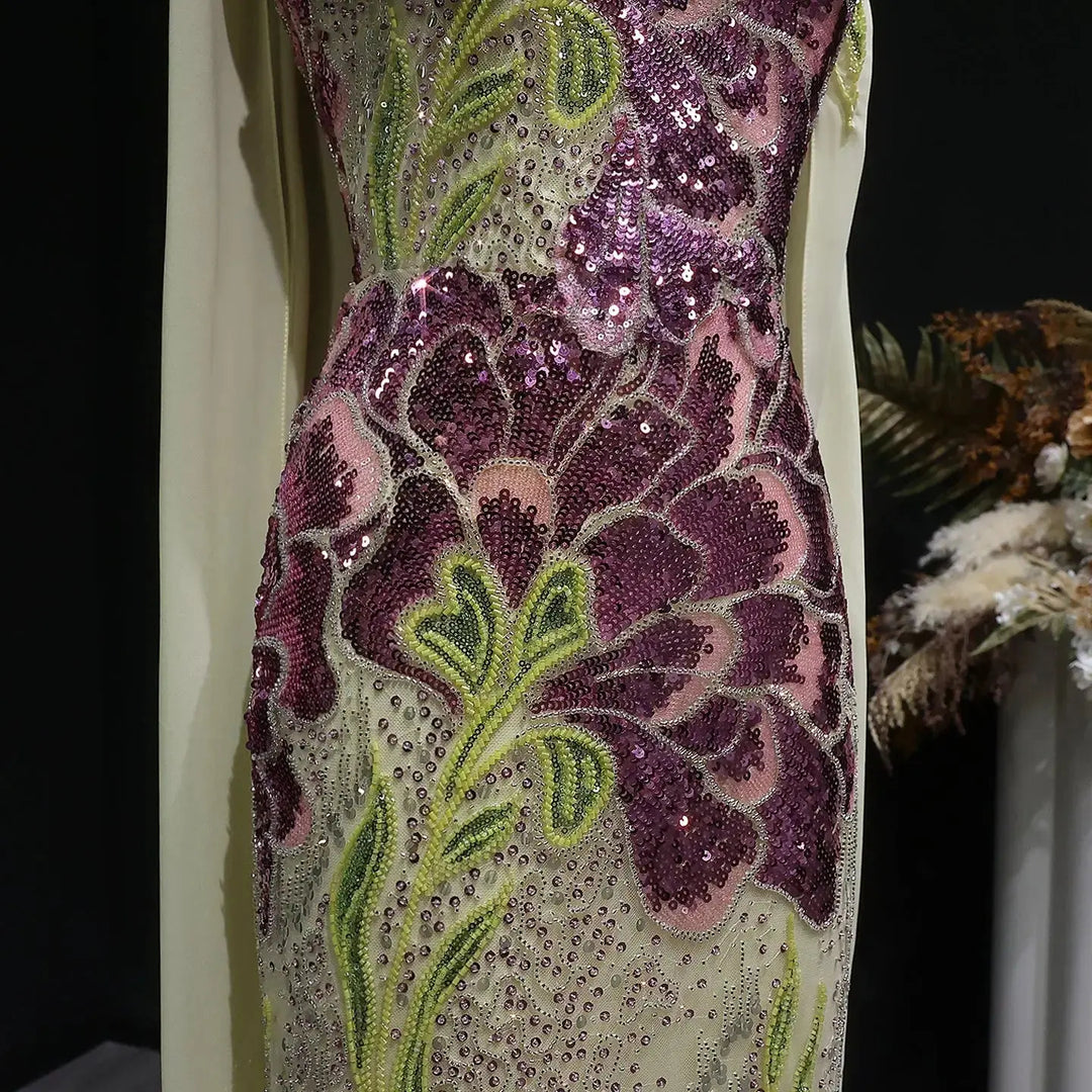 Elegant Purple Green Beaded Sequin Evening Dress with Cape SS511