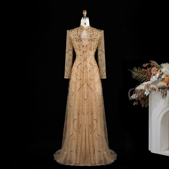 Luxury Gold High Neck Long Sleeve Beaded A-Line Evening Dress  XD020