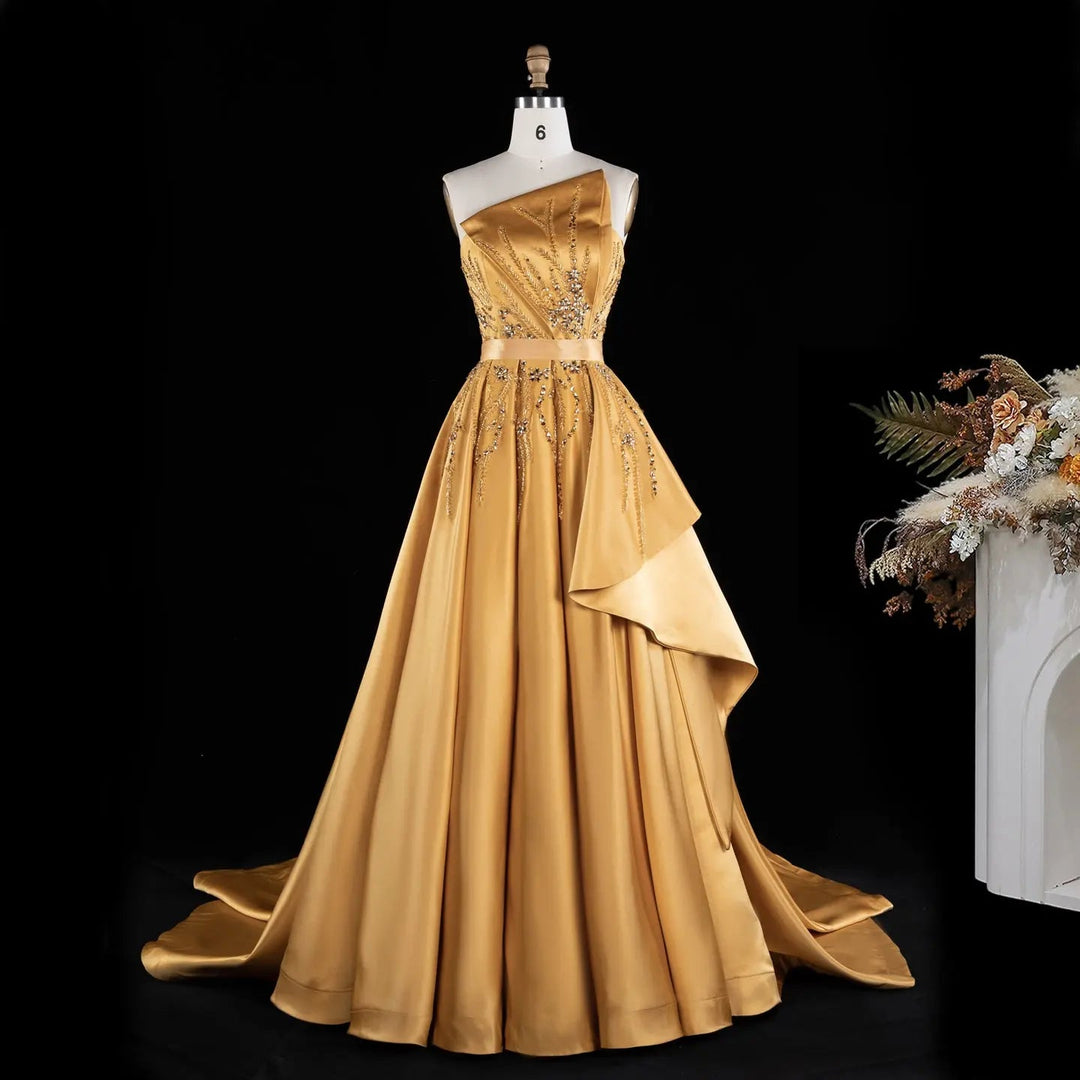 Gold One-Shoulder Beaded Satin Evening Gown with Train XD037